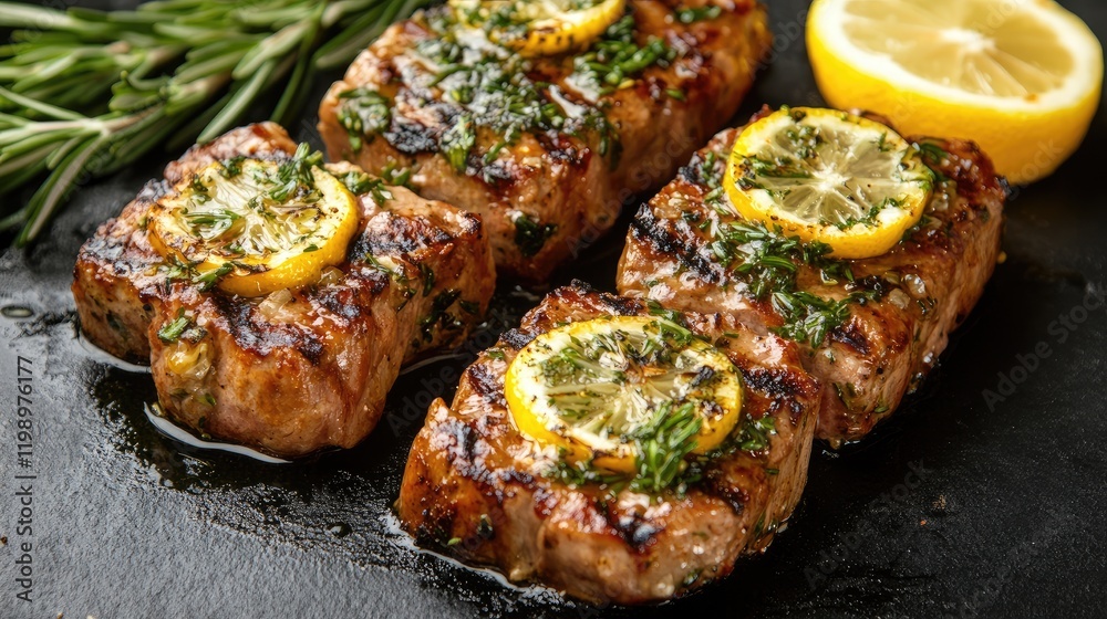 Poster Grilled pork steak slices with lemon sauce and rosemary herbs on dark slate background top view with empty copy space for culinary text