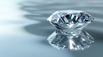 Brilliant diamond ring resting on a smooth reflective water surface, highlighting intricate facets and clear reflections with muted background.