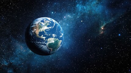 Vibrant colorful nebula against a dark cosmic background with Planet Earth prominently displayed in space showcasing deep blues and greens