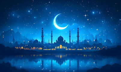 Night cityscape, crescent moon, stars, reflection, Ramadan
