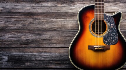 Fototapeta premium Classic acoustic guitar featuring rich golden strings and a warm wooden surface against a rustic wooden backdrop with ample copy space for text.