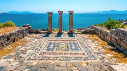 Colorful ancient mosaic detail in foreground with five standing pillars against serene island sea view under bright blue sky empty copy space for text