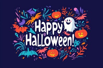 A festive design featuring a cheerful ghost, bats, and pumpkins surrounded by vibrant foliage, celebrating the spirit of Halloween with playful and spooky elements.