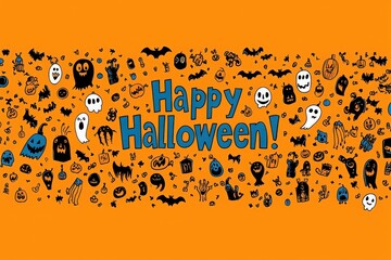 A vibrant Halloween-themed design showcases various spooky characters like ghosts, bats, and pumpkins against a bright orange background. The festive message adds a joyful touch.