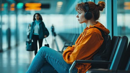 A woman solo traveler enjoys her favorite playlist in the waiting area, feeling calm as she anticipates her flight