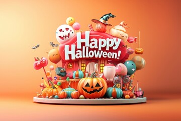 Naklejka premium A festive display featuring pumpkins, candies, and playful characters celebrates Halloween. The bright colors and cheerful decorations create a joyful atmosphere perfect for the holiday spirit.