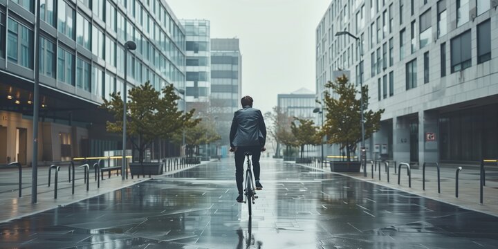 Man cycling through a modern urban street on a rainy day, wearing a suit and embracing a sustainable and active lifestyle amid contemporary architecture - Powered by Adobe