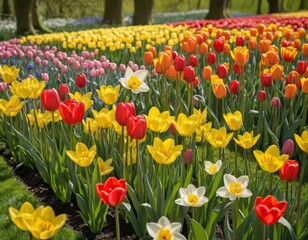 Colorful Spring Tulips and Daffodils Field