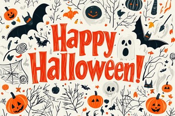 Fun Halloween decorations feature pumpkins, bats, and ghosts alongside the cheerful message wishing everyone a Happy Halloween. Perfect for a festive atmosphere and seasonal celebration.