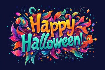 Bright and lively artwork displays Happy Halloween in bold letters, surrounded by dynamic leaves and playful elements in a vivid color palette. Perfect for festive promotions.