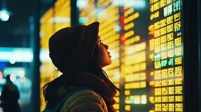 A woman traveler studies the departure board, envisioning her upcoming vacation and the memories waiting to be created