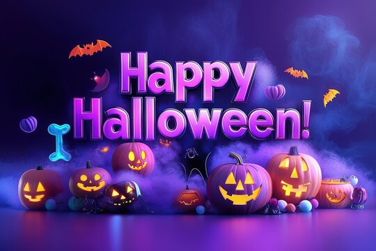 Colorful pumpkins with various expressions sit among Halloween decorations, including bats and candy. A bright Happy Halloween! text adds a cheerful touch to the festive atmosphere.