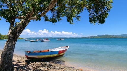 Tranquil Beach Scene with Colorful Boat