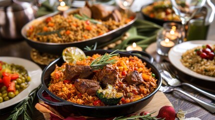 Obraz premium Delicious feast with flavorful rice and tender meat for festive dining