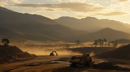 Heavy Machinery in Dusk Landscape at Construction Site