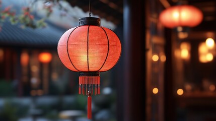 Red lantern hanging outdoors at night.