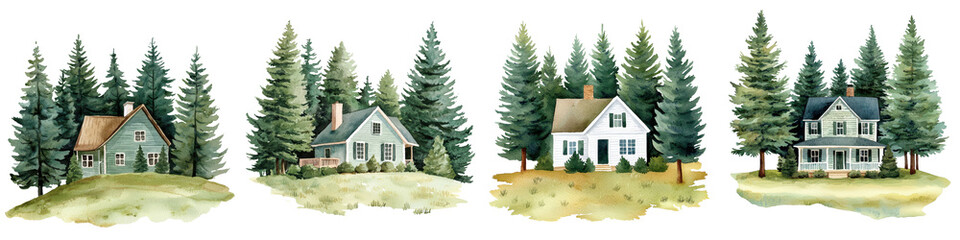 Serene and Picturesque Woodland Cottages Nestled in a Lush Peaceful Rural Landscape with Towering Pine Trees and Grassy Hillsides