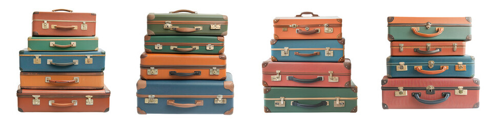 A stack of vintage and antique leather suitcases and luggage pieces showcasing a classic and nostalgic travel collection  The aged and worn cases evoke a sense of history adventure