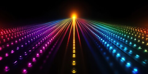 Obraz premium Intricate abstract fractal design with swirling rainbow lights, creating a symmetrical, harmonious composition on a sleek black canvas