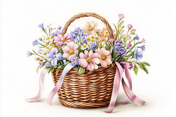 Obraz premium Colorful spring flowers in a wicker basket on white isolated background.