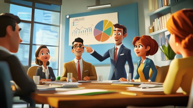 Cartoon style meeting with a group of animated characters around a conference table, one character pointing at a pie chart on the wall