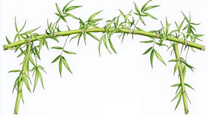 Fototapeta premium Serene Bamboo Branch Illustration: A Botanical Artwork Depicting Lush Green Bamboo Stalks and Leaves Against a Pristine White Background