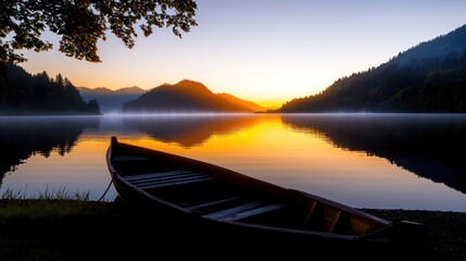 Obraz premium Serene lake at sunrise with a boat and misty mountains.
