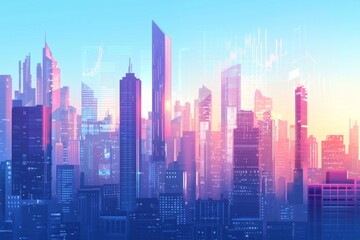 Fototapeta premium A digital illustration of an urban skyline with modern buildings, featuring holographic graphs and charts floating above the cityscape, representing business growth in technology and innovation. 