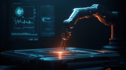 Fototapeta premium concept Surgical Robotics Futuristic robotic arm interacting with a glowing circuit board in a high-tech environment.