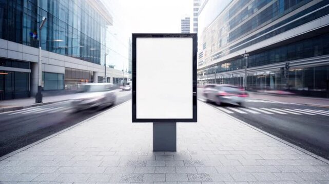 horizontal video billboard is standing in the middle of a busy street with cars driving by. The billboard is white and has no writing on it. The scene is bustling with activity, with cars