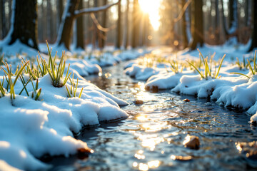 Early Spring Snow Melting, Revealing Fresh Grass and Budding Flowers