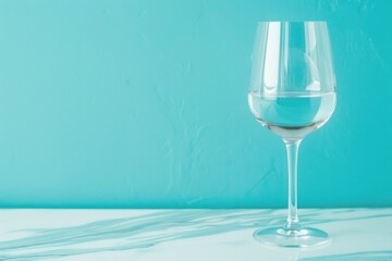 Obraz premium Elegant transparent wine glass with water against a light turquoise background