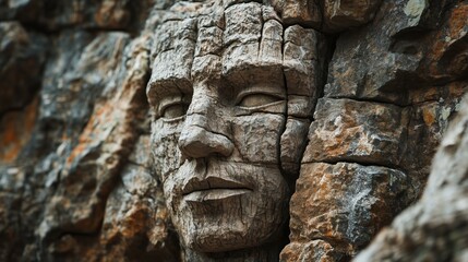 A mystical carving of a human face etched into a sheer, jagged cliff, its aged stone surface evoking a deep connection between natural elements and human artistry.