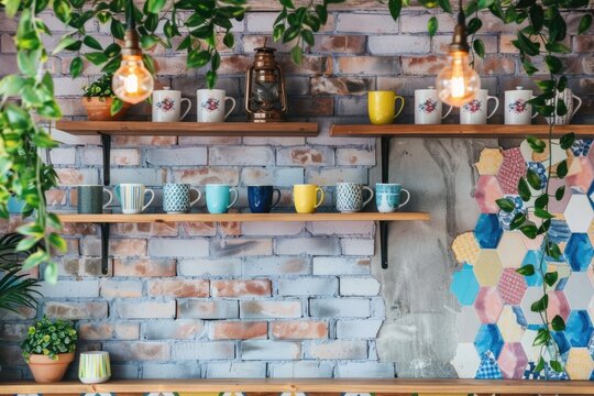 Cozy maximalist caft interior with decorative shelves and colorful mugs on brick wall