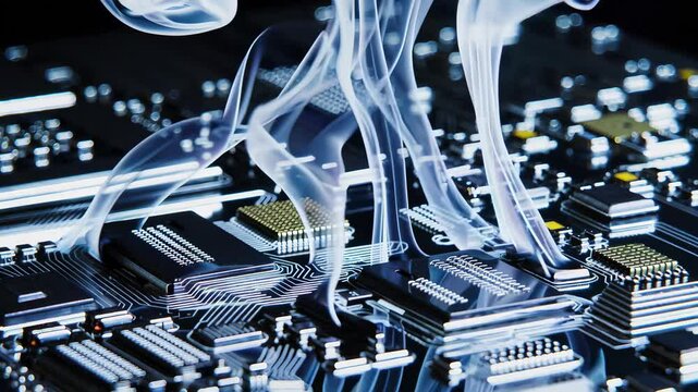 close-up of a smoking circuit board, highlighting a possible electronic malfunction, with intricate details of microchips and components