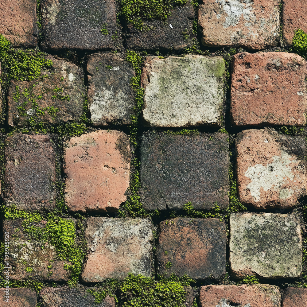 Poster Aged brick texture with moss and weathered patterns for rustic designs
