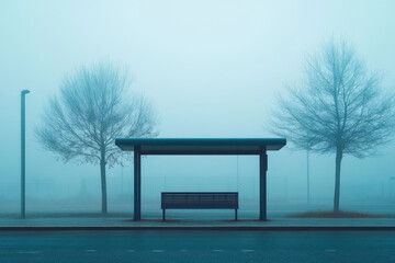 Mysterious bus stop shrouded in fog amidst tranquil trees on a quiet morning