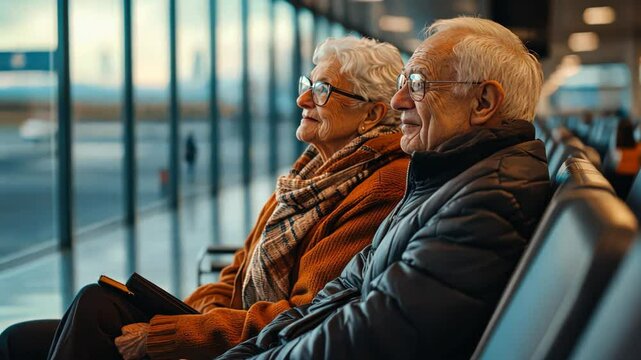 An elderly couple sits together in the terminal seating, reminiscing about their favorite journeys while awaiting the next chapter of their travels