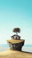 Naklejka premium House on rock cliff with tree blue sky