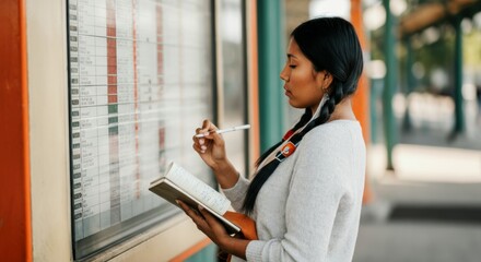 Native American woman notes schedule on board at station platform, planning trips.