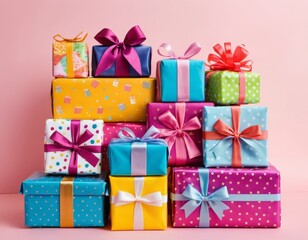 Obraz premium Stack of Colorful Gift Boxes with Bows on Pink Background