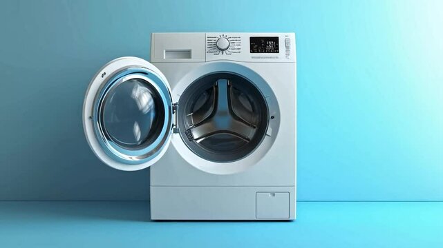 This washing machine features a sleek, modern design and is positioned against a vibrant blue background. Ideal for contemporary laundry spaces, it highlights efficiency and style.