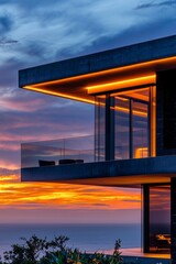 Fototapeta premium A modern house overlooking the ocean at sunset, with large windows and a terrace, sleek design, contemporary architecture, and an urban setting. 