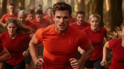 Fototapeta premium group of athletes in matching red shirts runs energetically through a forest path. Early morning light filters through the trees, creating an inspiring atmosphere for their training