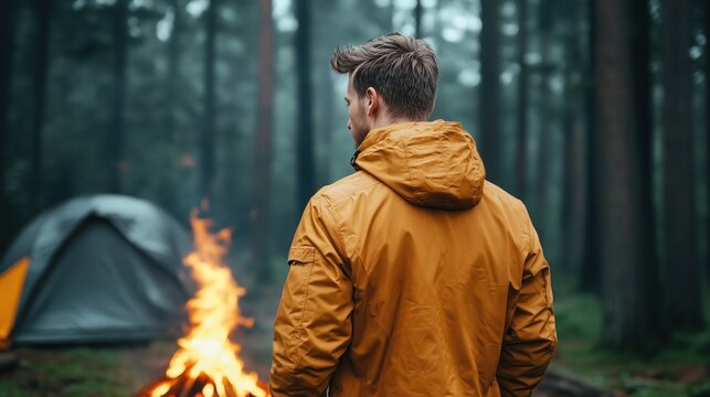 young man in a yellow jacket stands by a warm campfire, gazing at the flames. Behind him, a tent is pitched amidst tall trees shrouded in morning mist, creating a serene camping atmosphere