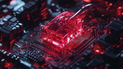 Transparent red padlock embedded in a circuit board symbolizing data encryption security and protection in a high tech digital landscape