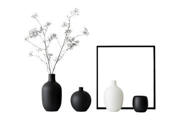 Elegant black and white vases with flowers minimalist decor