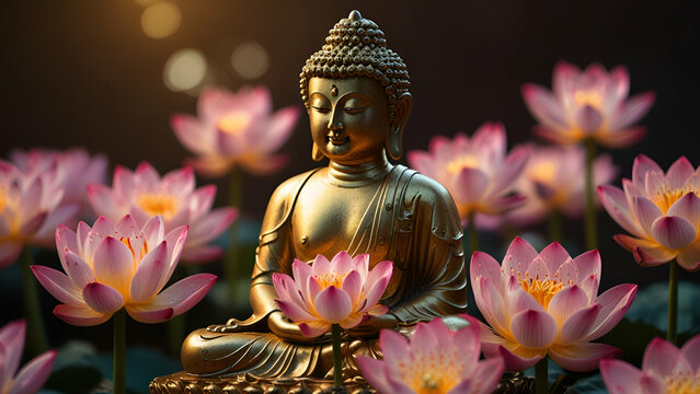 Buddha Statue Surrounded by Candles and Lotus Flowers with a Soft Blurred Golden Background Atmosphere