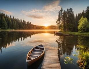 Sunrise Lake Serenity Wooden Rowboat Calm Water Reflections