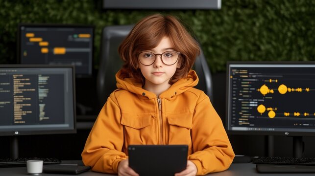 child with glasses is seated in a contemporary tech workspace. They are engaged with a tablet while looking at data displayed on nearby computer screens, showcasing digital work